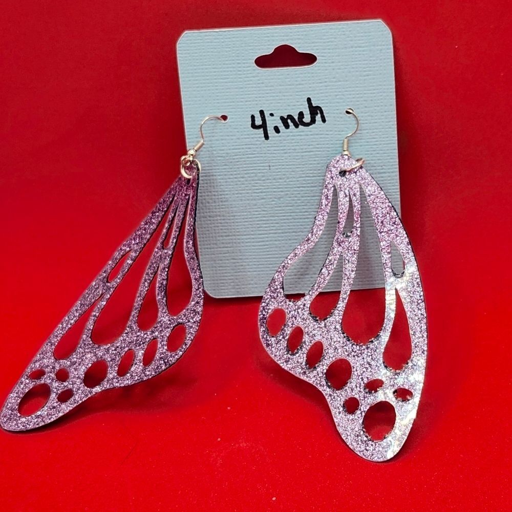 Hand Crafted Dangle Earring  Navy Blue And Pink Sparkle Faux Leather Butterfly